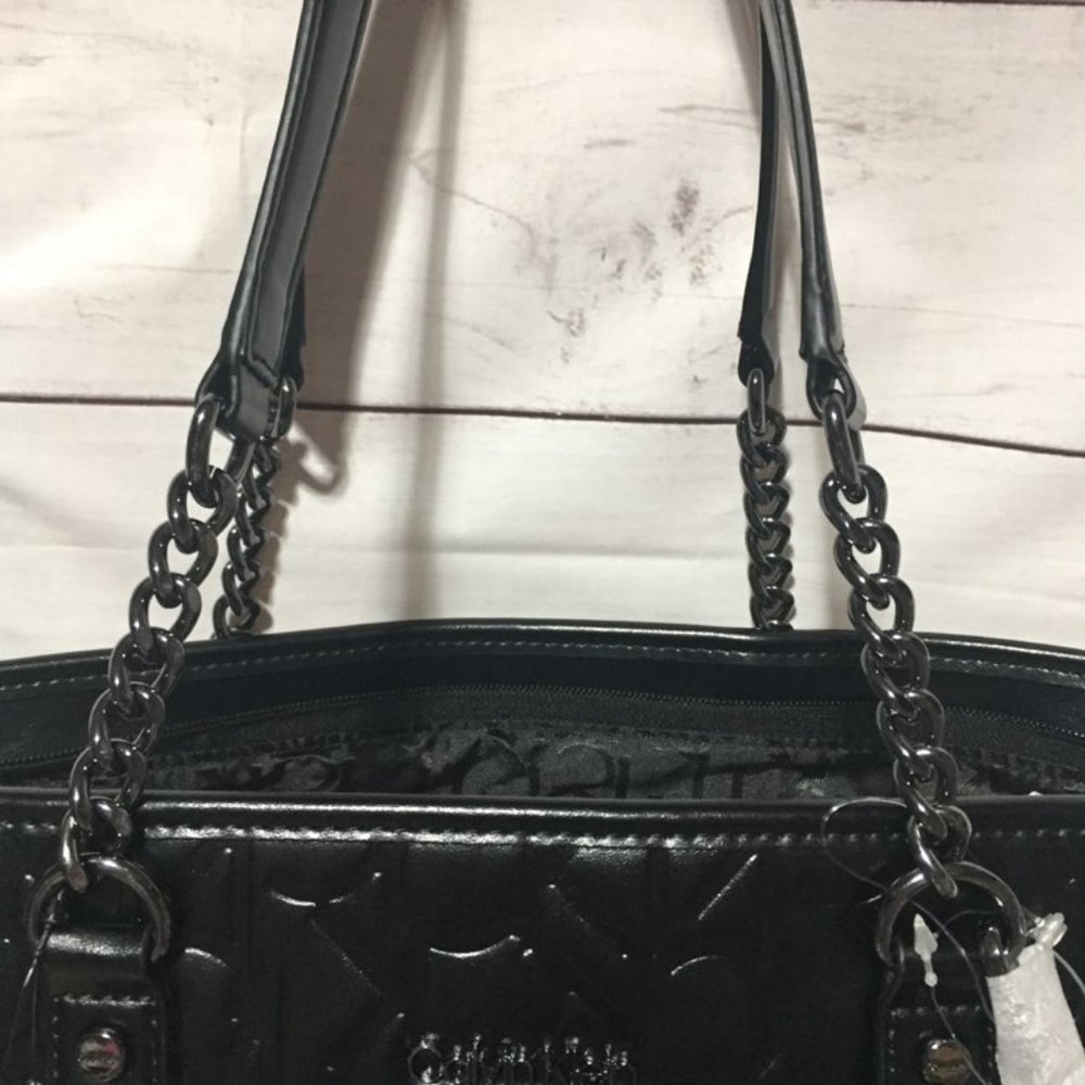 Calvin Klein Black Tote with Cardcase Purse Faux Leather Silver Accents - Picture 7 of 10